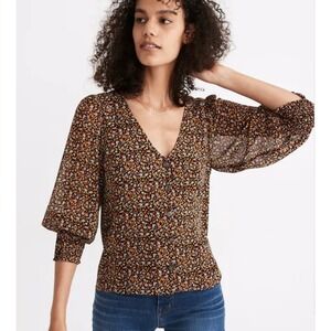 Madewell Georgette Smocked-Cuff Shirt Floral 70s Folktale Paisley 6 Brown